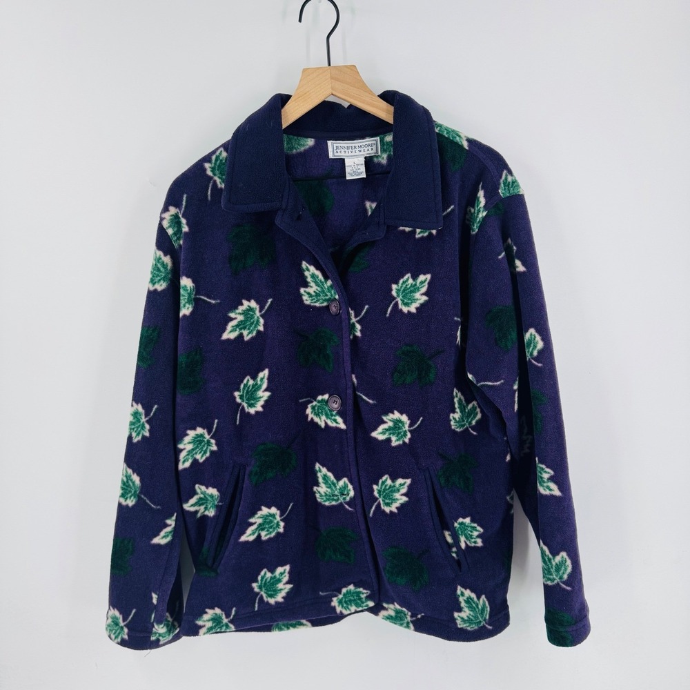 Jennifer Moore Activewear Purple Leaf Print Fleece Button Up Jacket Size L Cabin